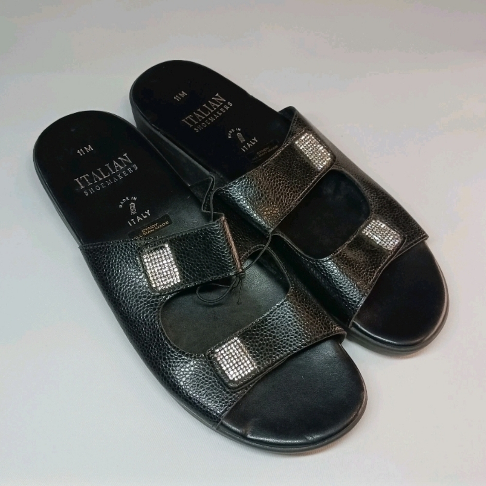 Italian Shoemakers Women’s Slide Sandals Black Rhinestone Leather Size 11M